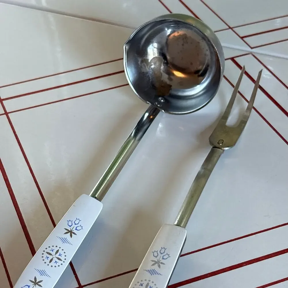 Vintage EKCO USA Ladle & Meat Fork Set Floral Handles